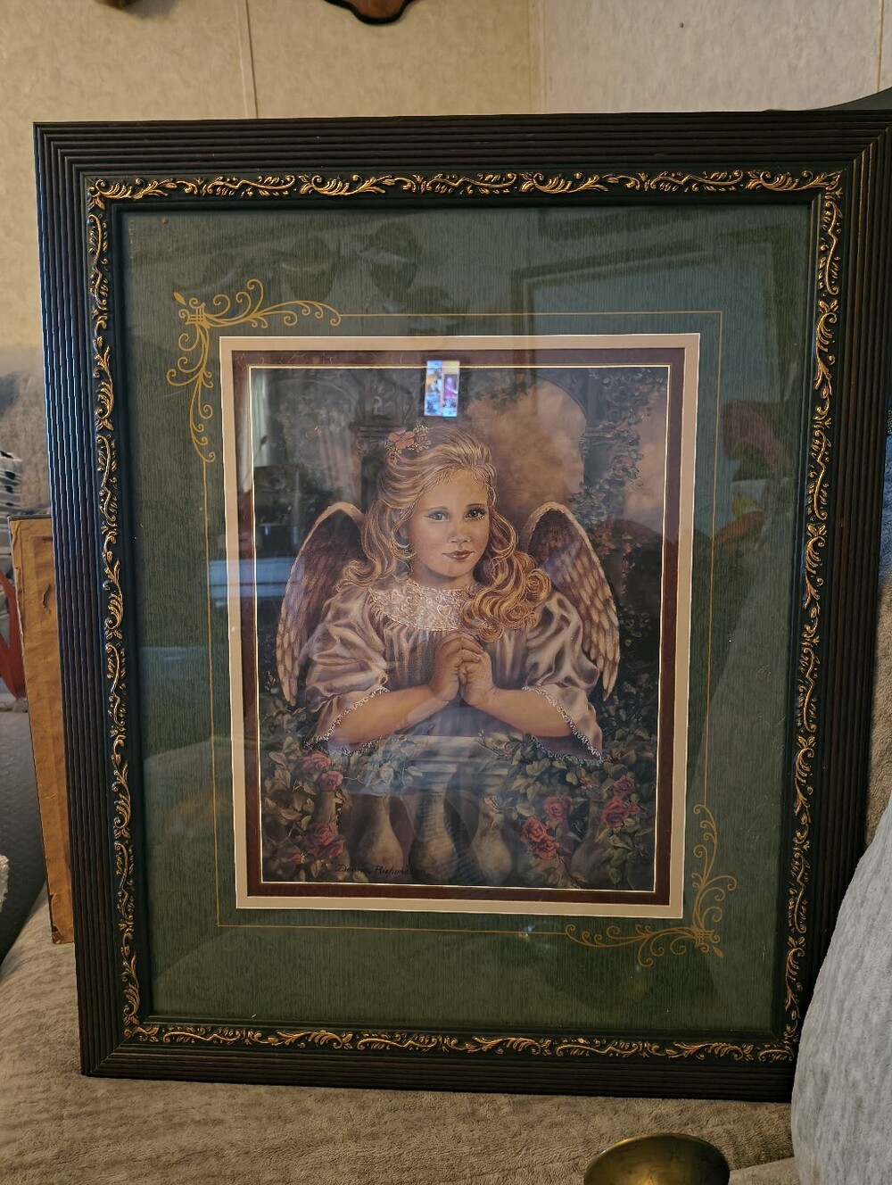 Framed Angel Wall Art Print in Green and Gold